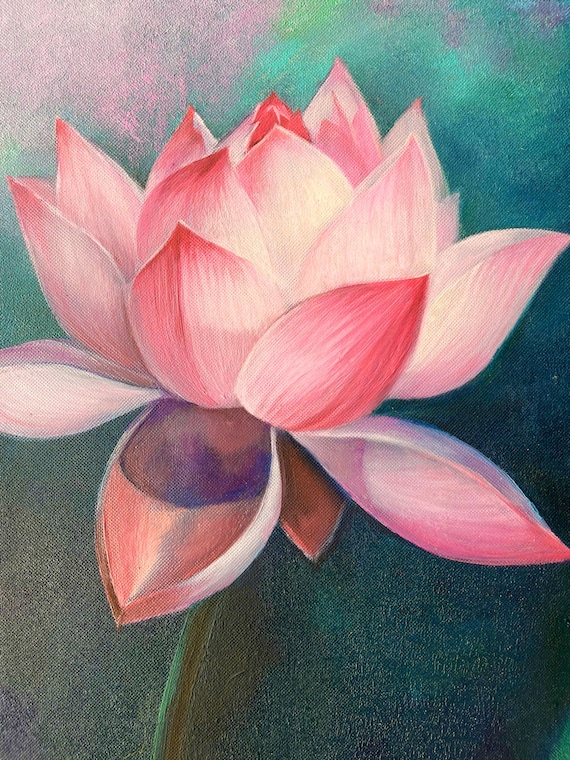 水蓮の油絵です ピンクの蓮の油絵：PhucTienによるモダンな花の壁アート（31.5インチ x