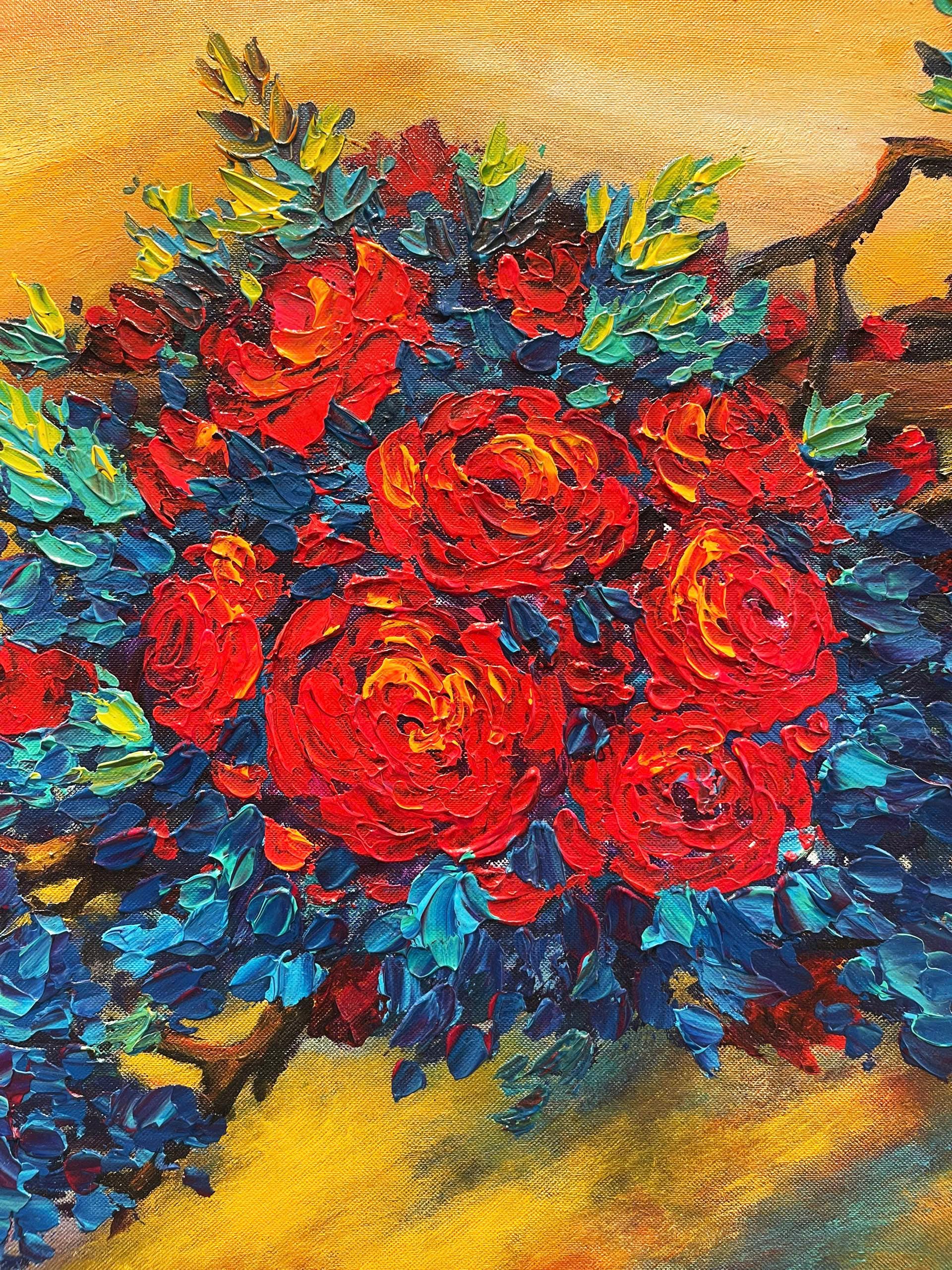 赤いバラ　アクリル画 赤いバラのアクリル画：抽象的な花のアート、モダンな壁装飾（43.3x25