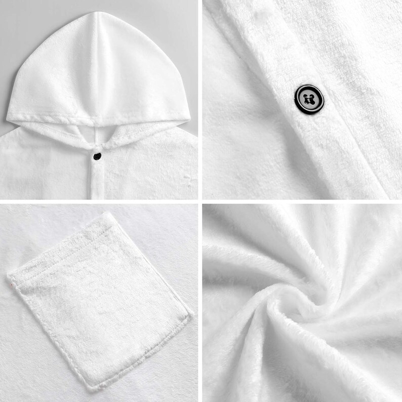 May include: White hooded towel with a button closure and a small pocket. The towel is made of a soft, plush material. The hood is designed to cover the head, and the pocket is located on the front of the towel.