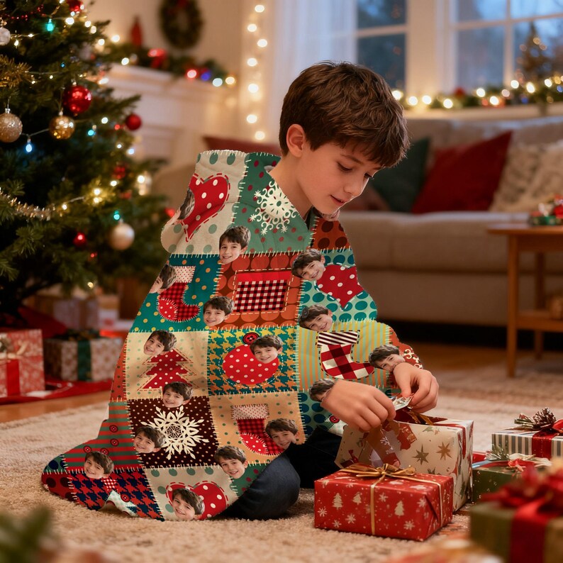 May include: A patchwork hooded blanket featuring a repeating pattern of Christmas-themed squares with hearts, snowflakes, and stockings. The blanket has a personalized touch with multiple faces printed on the squares. The blanket is draped over a person opening gifts.