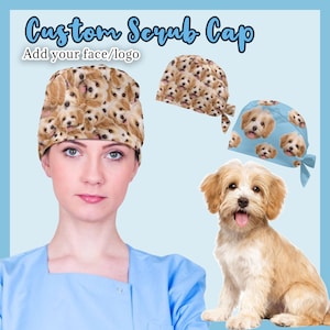 May include: A light blue scrub cap with a pattern of small, smiling dog faces. The image also shows a woman wearing a similar cap and a real dog. Text on the image says "Custom Scrub Cap" and "Add your face/logo."