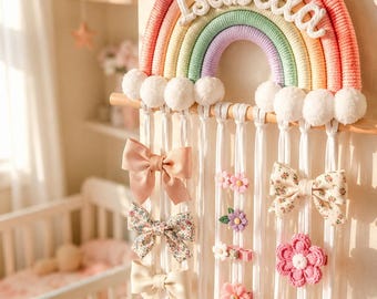 Personalized Rainbow Hair Bow Holder, Custom Name Hair Clip Organizer, Girls Nursery Wall Decor, Baby Shower Gift, Kids Room Decor