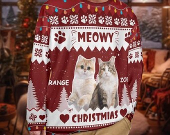 Custom Photo Christmas Ugly Sweatshirt Meowy Catmas Sweater Christmas Gift