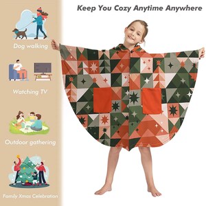 May include: A hooded poncho with a geometric pattern in shades of green, orange, and white. The poncho has two orange pockets and is being modeled by a person. The text "Keep You Cozy Anytime Anywhere" is at the top.