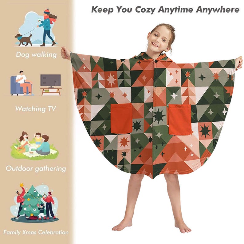 May include: A hooded poncho with a geometric pattern in shades of green, orange, and white. The poncho has two orange pockets and is being modeled by a person. The text "Keep You Cozy Anytime Anywhere" is at the top.