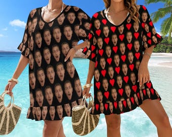 Custom Face Beach Cover Up for Women,Personalized Upload Your Own Photo Beach Dress,Bachelorette Party Cover Up