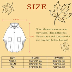 May include: White hooded poncho with two front pockets. The image includes size information for adult, teen, and kid sizes, with lengths of 37.5 inches, 32.2 inches, and 26.3 inches, respectively. The width measurements are 32.3 inches and 28.7 inches.