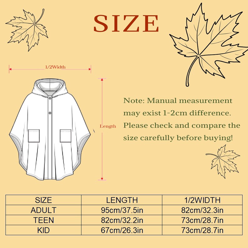 May include: White hooded poncho with two front pockets. The image includes size information for adult, teen, and kid sizes, with lengths of 37.5 inches, 32.2 inches, and 26.3 inches, respectively. The width measurements are 32.3 inches and 28.7 inches.