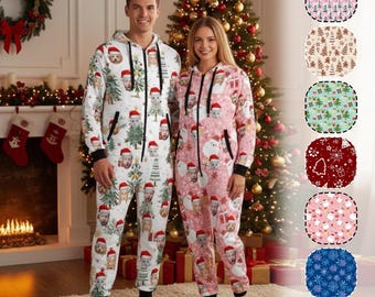 Custom Hooded Zipper One-Piece Family Face Pajamas Personalized Photo Pajamas Dog Bandana Matching Couple Hooded Pajamas Christmas Gifts