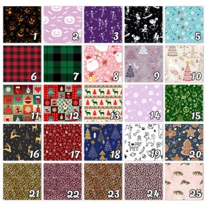 May include: A grid of 25 fabric swatches with various patterns. Designs include Halloween pumpkins, skeletons, Christmas trees, reindeer, snowflakes, plaid, paw prints, and animal prints. Each swatch is numbered.