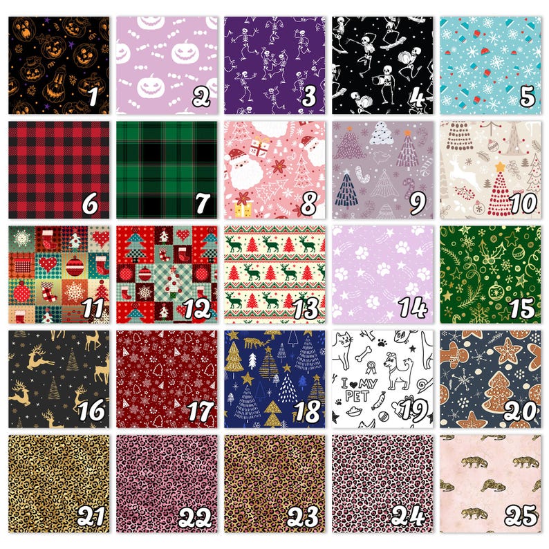 May include: A grid of 25 fabric swatches with various patterns. Designs include Halloween pumpkins, skeletons, Christmas trees, reindeer, snowflakes, plaid, paw prints, and animal prints. Each swatch is numbered.