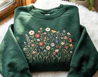 Gesticktes Wildblumen Sweatshirt, Retro Floral Cottagecore Garten Shirt