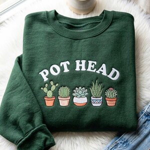 Moletom Vintage com Bordado "Cabeça de Vaso", Presente Divertido para Amantes de Plantas, Camiseta com Humor de Jardineiro, Camiseta "Cabeça de Vaso", Camiseta para Amantes de Plantas, Camiseta de Suculentas