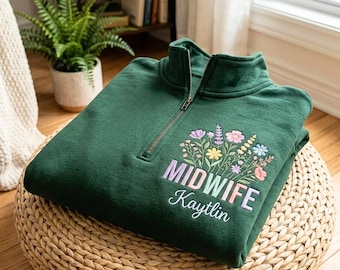 Sudadera con cremallera de un cuarto bordada con flores de partera, regalo personalizado