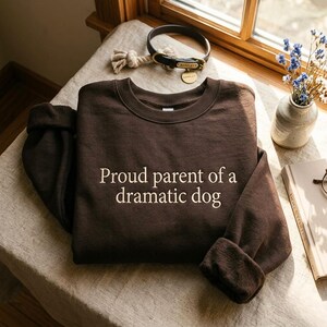 May include: A brown sweatshirt with the text "Proud parent of a dramatic dog" in white. A dog collar, rope toy, and a book are also visible. The sweatshirt is folded on a neutral surface.