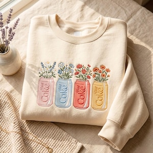 Embroidered Diet Coke Cans Sweatshirt: Floral Soda Pop Graphic Top