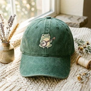 Gorra de algodón lavado con bordado de banjo de rana – Talla única