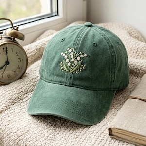 Washed Cotton Baseball Cap with Lily of the Valley Embroidery – Adjustable Strap