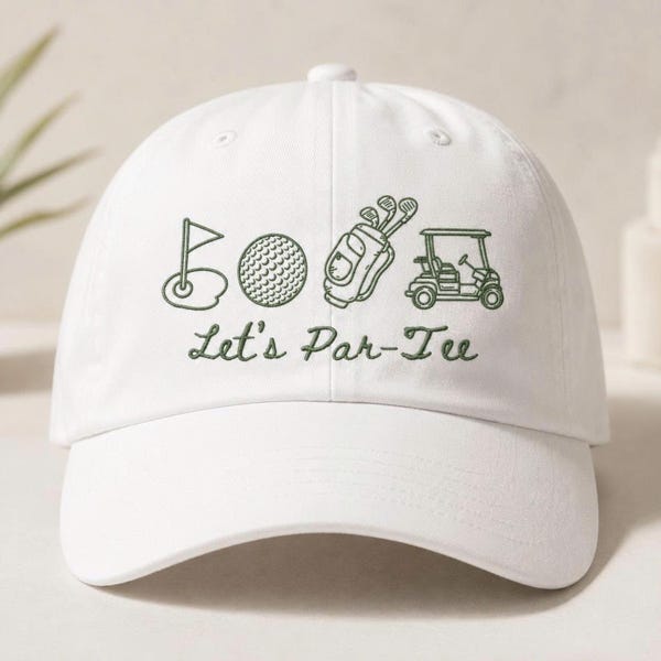Washed Cotton Golf Cap: "Let's Par-Tee" Embroidery, Adjustable Strap
