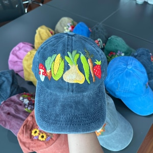 Hand Embroidered Mixed Vegetable Vege Garden Baseball Hat, Curved Brim Baseball Hat, Colorful Sun Summer Cap
