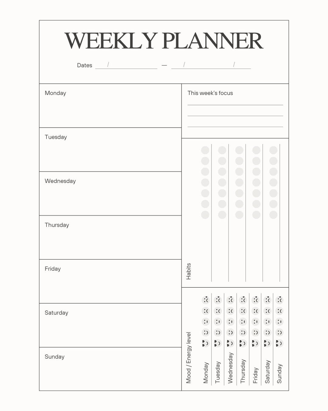 Minimal Weekly Planner Printable | Undated Schedule Template (instant ...