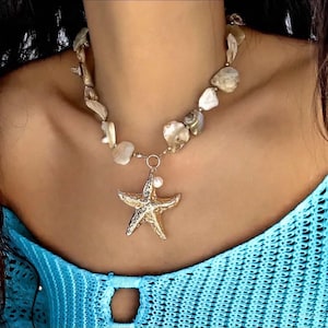 Bohemian Starfish Pendant Necklace,Golden Plated, Pearl & Bead Embellished,gift fir her
