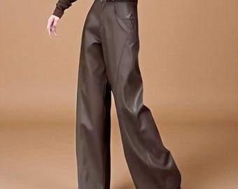 Pantalones anchos de cintura alta para mujer, elegantes pantalones rectos con bolsillos, atuendo de oficina.