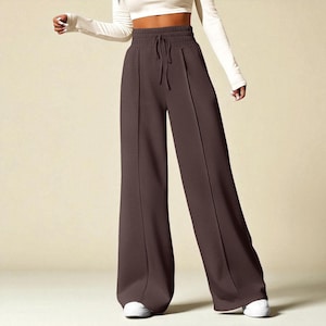 Athleisure Wide-Leg Pants, Drawstring Lounge Trousers for Women, Loose-Fit High-Waist Casual Bottoms with Front Seam Detail, Gift For Her