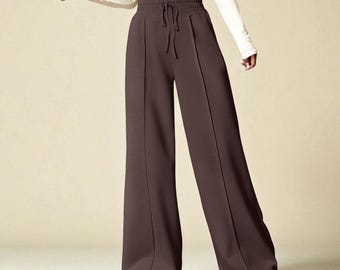 Athleisure Wide-Leg Pants, Drawstring Lounge Trousers for Women, Loose-Fit High-Waist Casual Bottoms with Front Seam Detail, Gift For Her