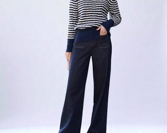 Dark Blue Wide Leg Trousers for Women, High Waist Cotton Straight Leg Pants with Pockets, Thick Casual Loose Fit, Comfy Office Look