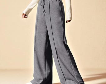 Grey Wide Leg High Waist Pants, Drawstring Lounge Trousers, Loose Fit Casual Bottoms, Seam Front Relaxed Fit