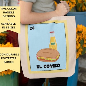 Loteria Tote Bag, Mexican Culture Canvas Shopping Bag, El Combo Torta and Soda Design, Colorful Market Tote, Grocery Book Beach Bag, Cinco