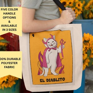 Loteria Tote Bag: El Diablito Cat, Mexican Folk Art Canvas Shopper
