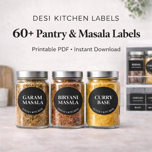 Desi Meal Prep Etiketten Printable | 60+ Masala Etiketten | Gefrierschrank Curry Basis Aufkleber | Canva Bearbeitbarer Küchen Organizer PDF