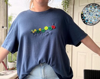 Handmade Button Caterpillar T-Shirt | Upcycled Teacher Tee, Whimsical Fashion XL