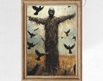 Scarecrow Autumn Field Art Print, Rustic Halloween Decor (Digital Download)