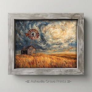 Rustic Windmill on Hill Oil Painting - Vintage Farm Landscape Art, Printable Country Decor, Cottagecore Scenic Wall Art, Digital Print 158
