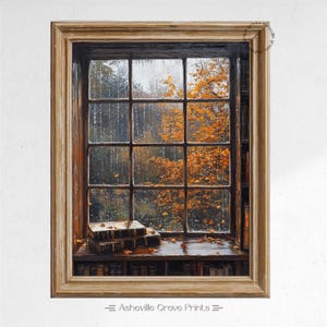 Rainy Day Library Window - Printable Vintage Oil Painting Art, Rustic Autumn View, Cozy Cottagecore Decor, Digital Wall Art Download 449