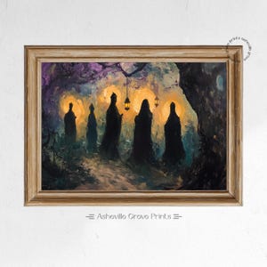 Moody Forest Witches Gathering - Printable Mystic Art, Enchanted Night Scene, Rustic Wall Decor, Halloween Wall Art, Digital Painting 46