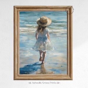 Young Girl on Summer Beach - Charming Oil Painting, Printable Wall Art, Seaside Childhood Nostalgia, Vintage Summer Decor for Home 348