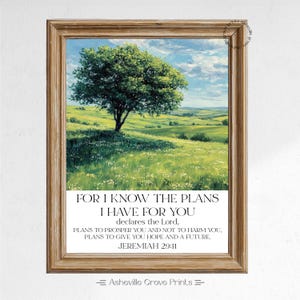 Porque yo sé los planes que tengo para ti - Versículo bíblico de arte de pared Jeremías 29:11 - Paisaje de árbol inspirador, pintura al óleo de impresión cristiana 745