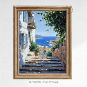 Coastal Seaside Alley Oil Painting - Charming Mediterranean Scene, Rustic Nautical Wall Art, Printable Summer Decor, Vintage Landscape 386