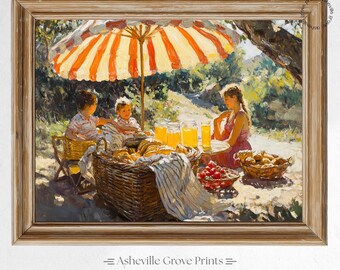 Summer Family Picnic Under Umbrella - Nostalgic Oil Painting, Sunlit Garden Scene, Printable Vintage Wall Art, Cottagecore Decor 393