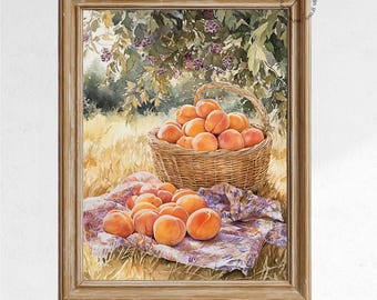 Rustic Summer Picnic Scene Watercolor Painting - Vintage Fruit Basket Art, Cottagecore Outdoor Decor, Printable Wall Art, Country 355