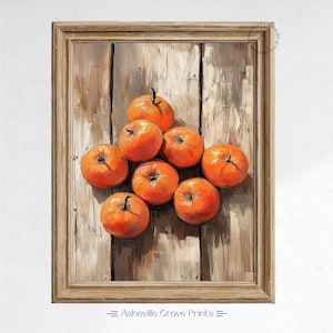 Rustic Persimmons on Wood - Printable Fall Wall Art, Vintage Style Watercolor Painting, Earthy Kitchen Decor, Farmhouse Fruit Art 453