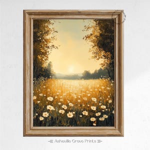 Golden Wildflower Meadow at Sunset - Vintage Printable Landscape Wall Art, Rustic Nature Decor, Warm Oil Painting, Summer Serenity 506