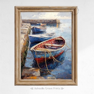 Nautical Printable of Small Fishing Boats - Rustic Maritime Wall Art, Ocean Scene, Coastal Decor, Seaside Painting, Digital Download 391