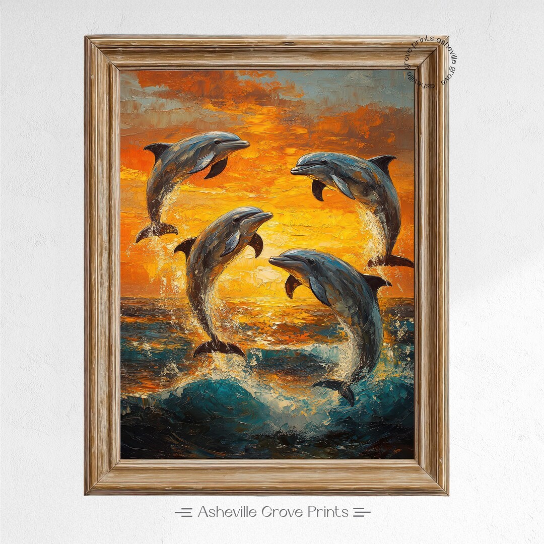 Vibrant Dolphin Oil Painting - Printable Ocean Sunset Art, Leaping ...