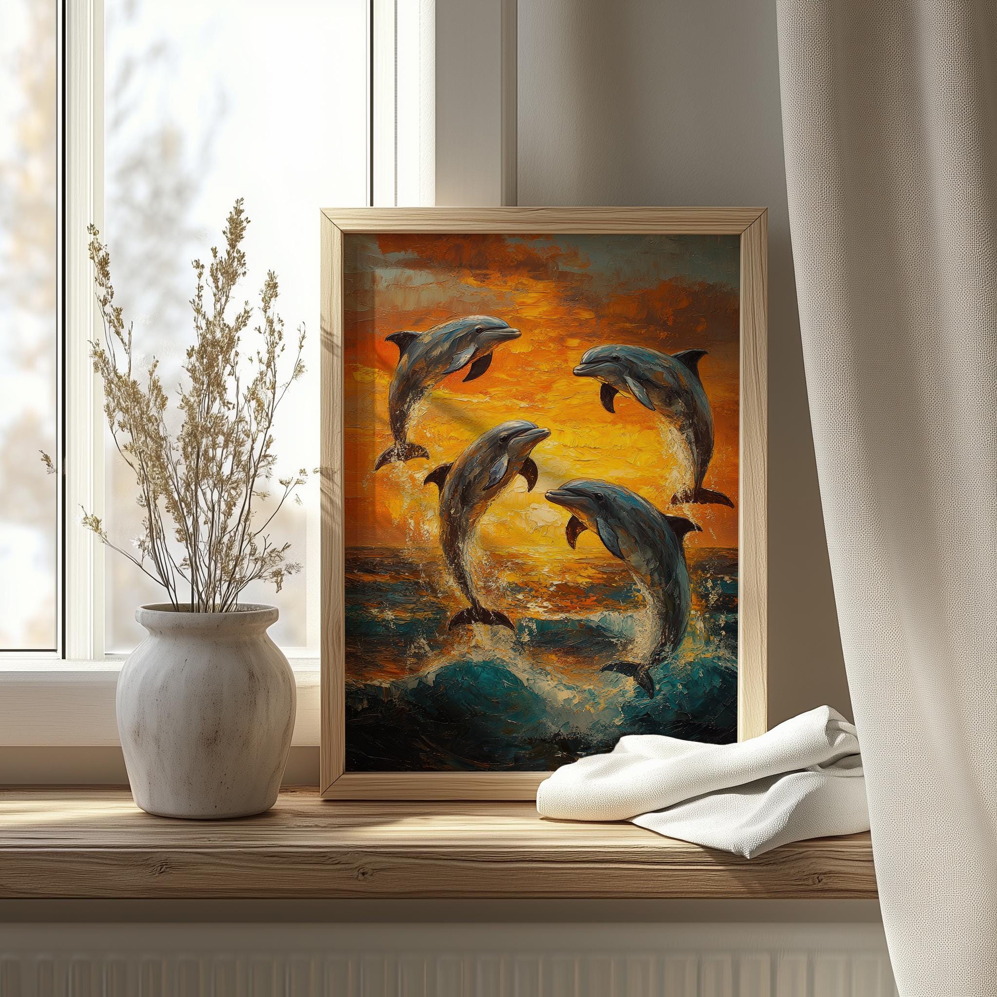Vibrant Dolphin Oil Painting - Printable Ocean Sunset Art, Leaping ...