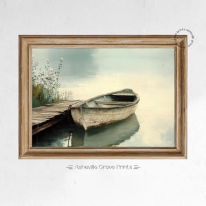 Rustic Rowboat and Dock Scene - Printable Vintage Wall Art, Tranquil Lake Landscape, Serene Cottagecore Decor, Digital Art Print 26